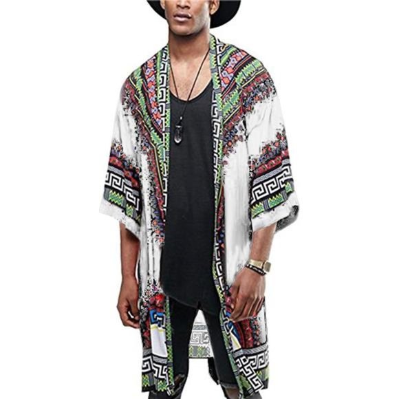 Men's African Dashiki Print Ruffle Shawl Collar Cardigan - White